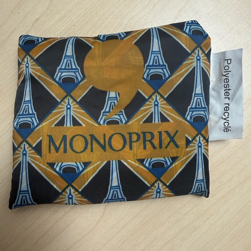 Monoprix Foldable reusable bag with Eiffel Tower Print - Navy & Mustard